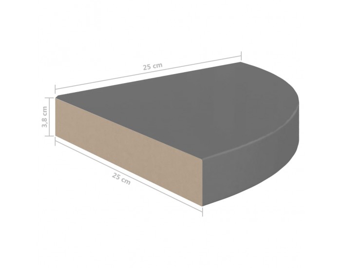 Sonata Окачени ъглови рафтове, 2 бр, сив гланц, 25x25x3,8 см, МДФ