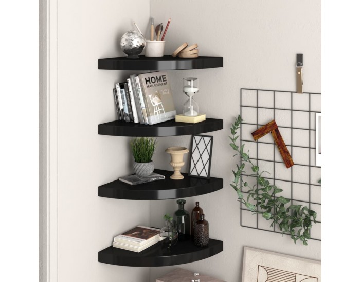 Sonata Окачени ъглови рафтове, 4 бр, черни, 35x35x3,8 см, МДФ