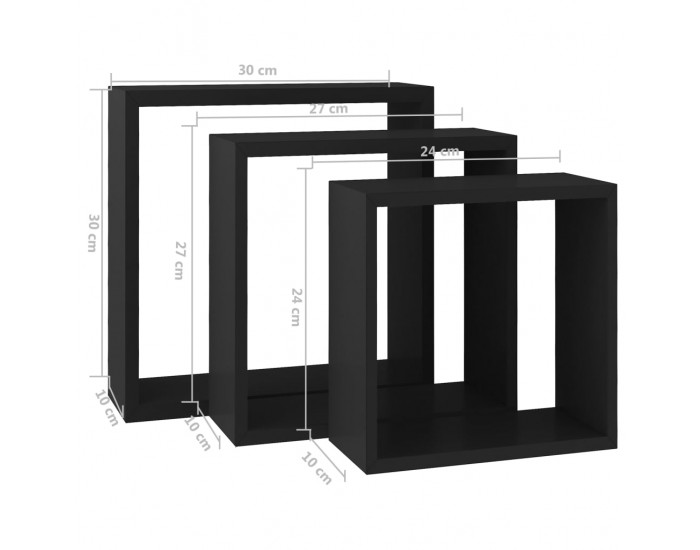 Sonata Кубични стенни полици, 3 бр, черни, МДФ