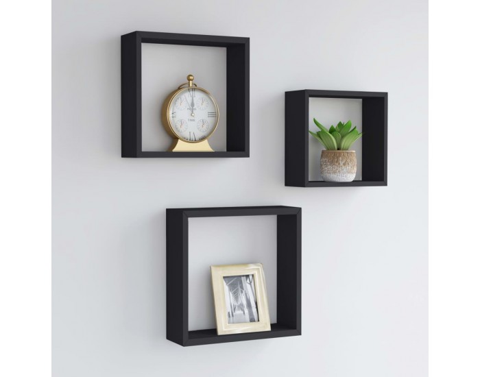 Sonata Кубични стенни полици, 3 бр, черни, МДФ