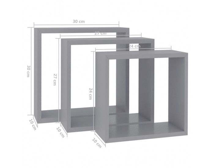 Sonata Кубични стенни полици, 3 бр, сиви, МДФ