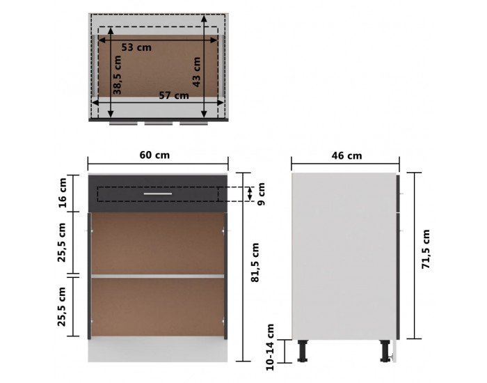 Sonata Долен шкаф с чекмедже, сив гланц, 60x46x81,5 см, ПДЧ