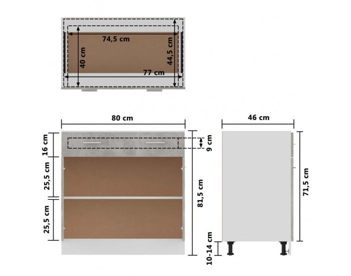 Sonata Долен шкаф с чекмеджета, бетонно сив, 80x46x81,5 см, ПДЧ