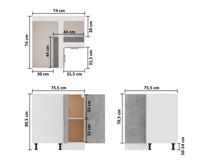 Sonata Ъглов долен шкаф, бетонно сив, 75,5x75,5x80,5 см, ПДЧ