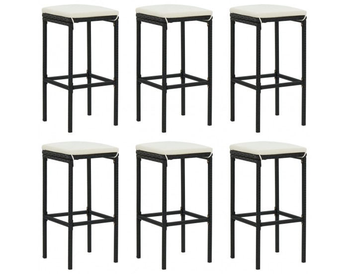 Sonata H Бар табуретки с възглавници, 6 бр, черен полиратан