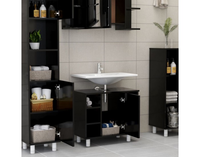 Sonata Комплект мебели за баня от 3 части, черен, ПДЧ