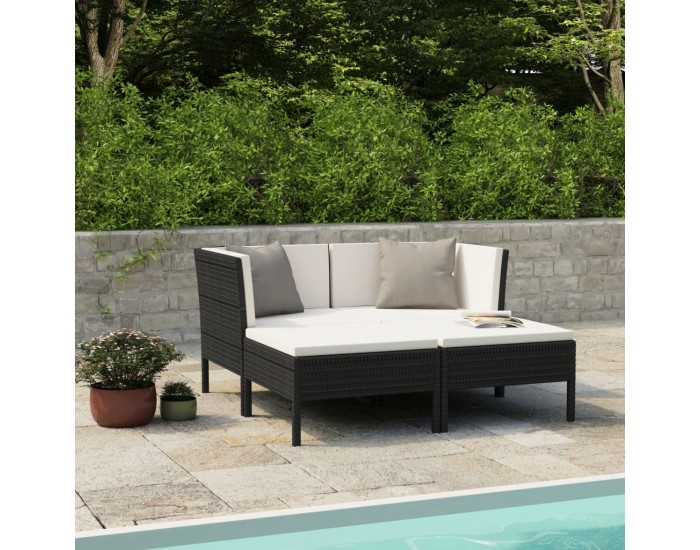 Sonata Градински комплект с възглавници, 4 части, черен полиратан