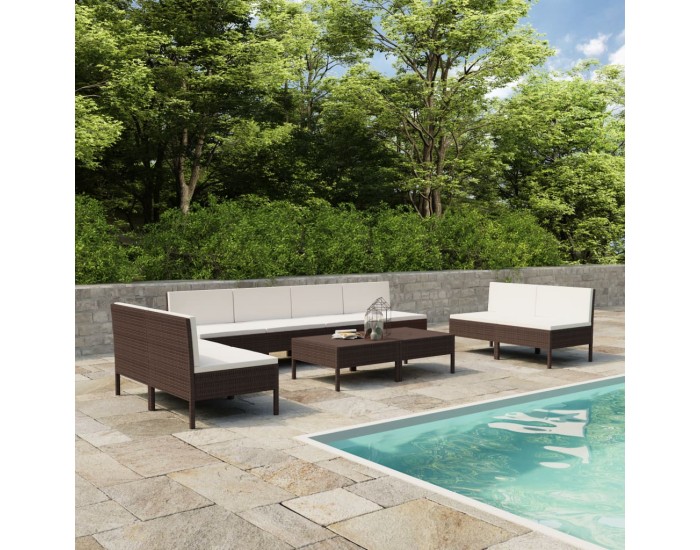 Sonata Градински комплект с възглавници, 10 части, кафяв полиратан