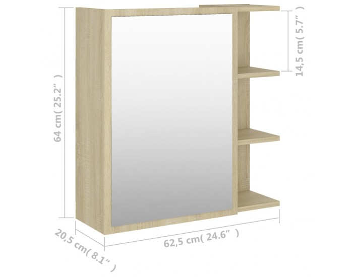 Sonata Шкаф за баня с огледало, дъб сонома, 62,5x20,5x64 см, ПДЧ