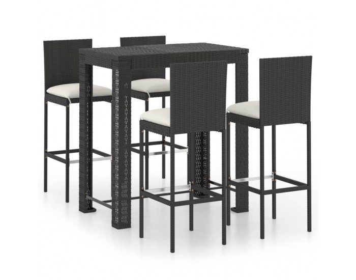 Sonata Градински бар комплект с възглавници, 5 части, черен полиратан