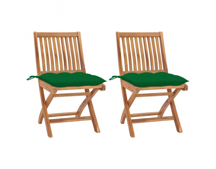 Sonata Градински столове 2 бр зелени възглавници тиково дърво масив