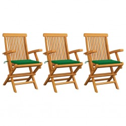 Sonata Градински столове със зелени възглавници 3 бр тик масив - Градина