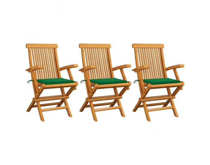 Sonata Градински столове със зелени възглавници 3 бр тик масив