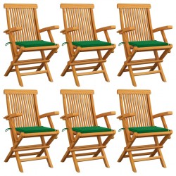 Sonata Градински столове със зелени възглавници 6 бр тик масив - Градина