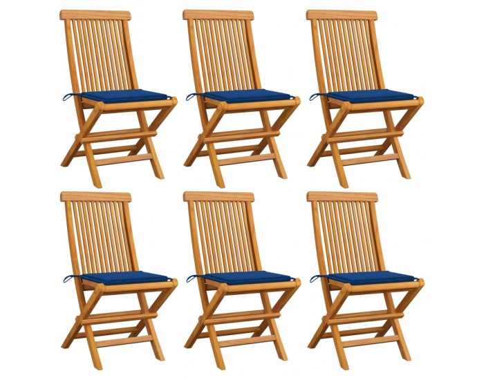 Sonata Градински столове със сини възглавници 6 бр тиково дърво масив