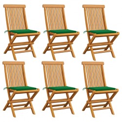 Sonata Градински столове със зелени възглавници 6 бр тик масив - Градина