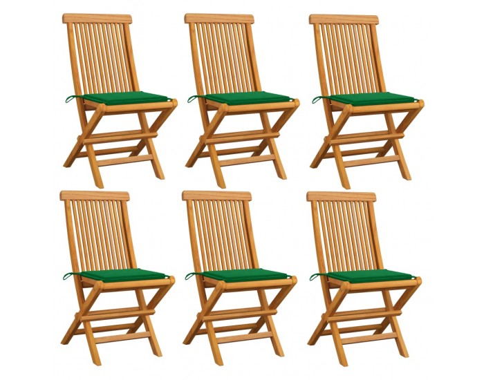 Sonata Градински столове със зелени възглавници 6 бр тик масив