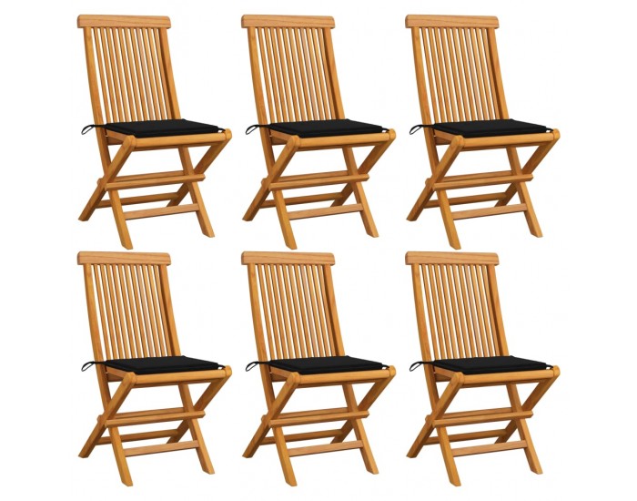 Sonata Градински столове с черни възглавници 6 бр тиково дърво масив