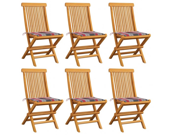 Sonata Градински столове, възглавници с червено каре, 6 бр, тик масив