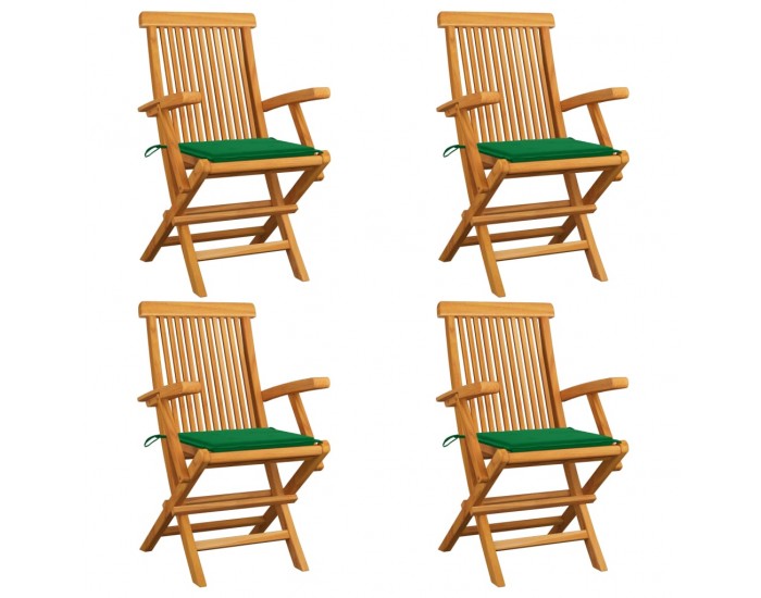 Sonata Градински столове със зелени възглавници 4 бр тик масив