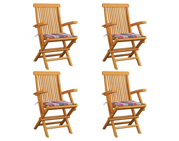 Sonata Градински столове, възглавници с червено каре, 4 бр, тик масив