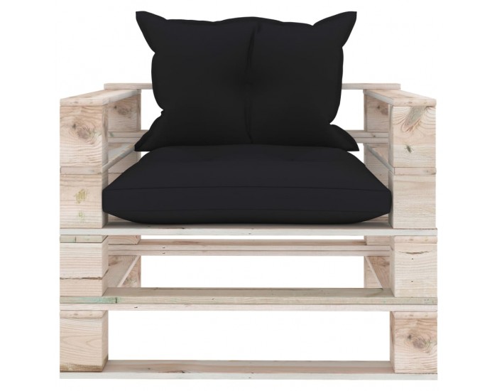 Sonata Градински палетен диван с черни възглавници, борово дърво