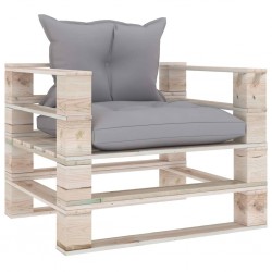 Sonata Градински палетен диван със сиви възглавници, борово дърво - Градина