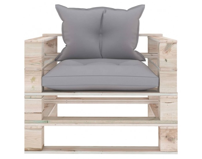 Sonata Градински палетен диван със сиви възглавници, борово дърво