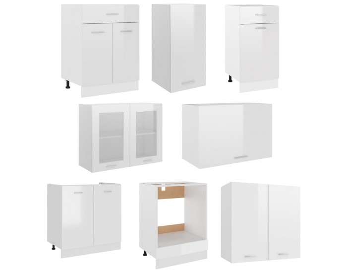 Sonata Комплект кухненски шкафове от 8 части, бял гланц, ПДЧ