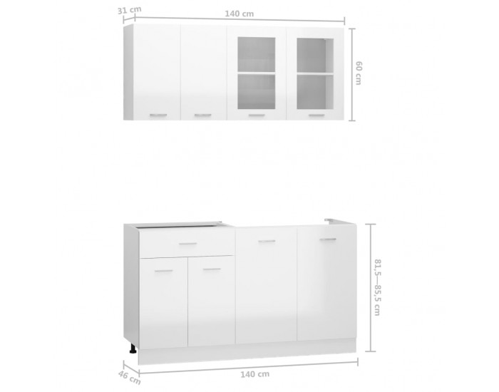 Sonata Комплект кухненски шкафове от 4 части, бял гланц, ПДЧ