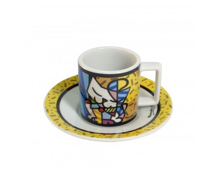Комплект чаша и чинийка за кафе с рисунка котка -  Romero Britto, 90 мл