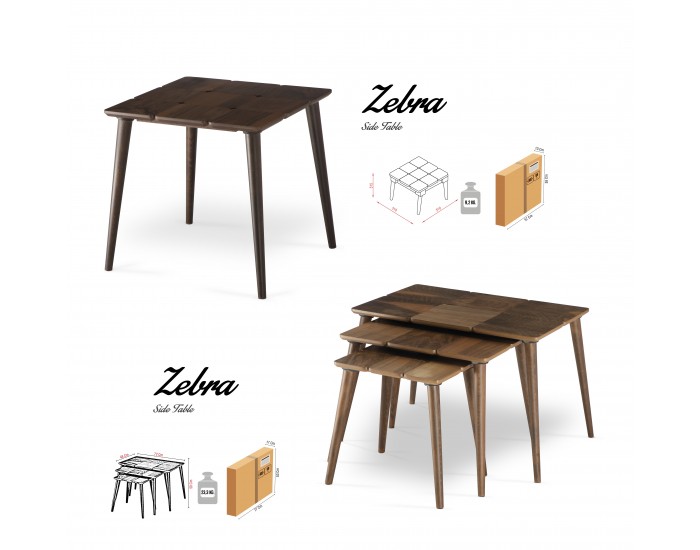 Помощни маси модел Zebra, комплект 3 броя, Mdf плот, Букови крака Помощни маси модел Zebra, комплект 3 броя, Mdf плот, Букови крака