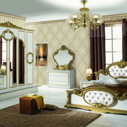 Спален комплект Barocco Bianco-gold, легло, нощно шкафче, гардероб,скрин, огледало - Спалня