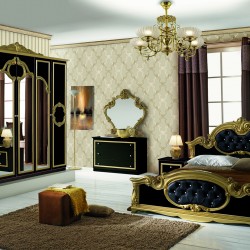 Спален комплект Barocco Nero-gold, легло, нощно шкафче, гардероб,скрин, огледало - FPM