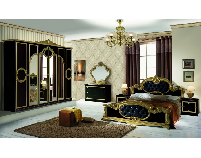 Спален комплект Barocco Nero-gold, легло, нощно шкафче, гардероб,скрин, огледало
