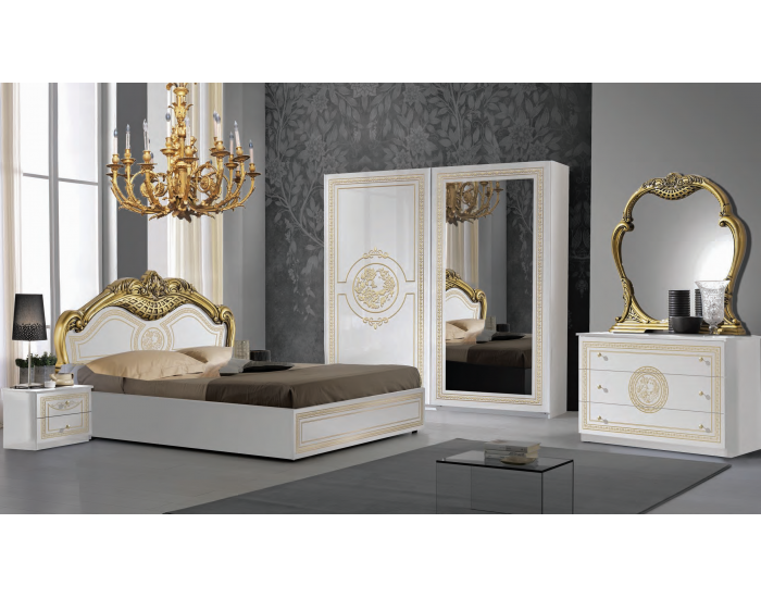 Спален комплект Dolores Bianco-gold, легло, нощно шкафче, гардероб,скрин, огледало