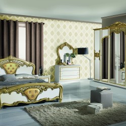 Спален комплект Eva Bianco-gold, легло, огледало, скрин, гардероб, нощни шкафчета - FPM