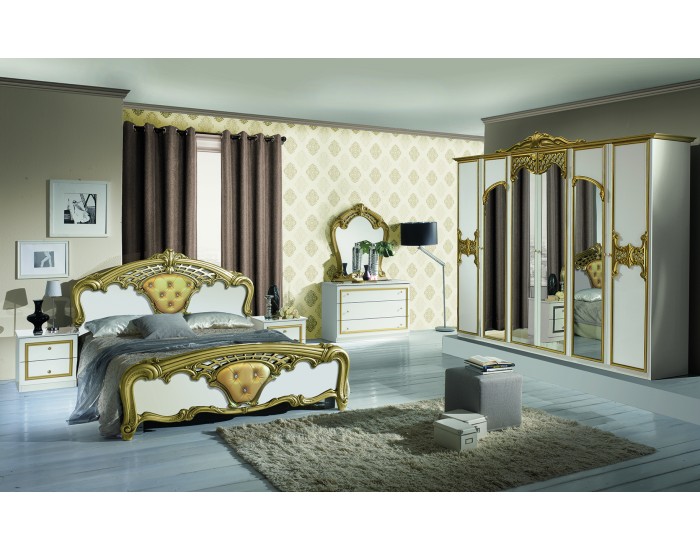 Спален комплект Eva Bianco-gold, легло, огледало, скрин, гардероб, нощни шкафчета