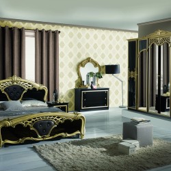 Спален комплект Eva nero-gold, легло, огледало, скрин, гардероб, нощни шкафчета - Спалня