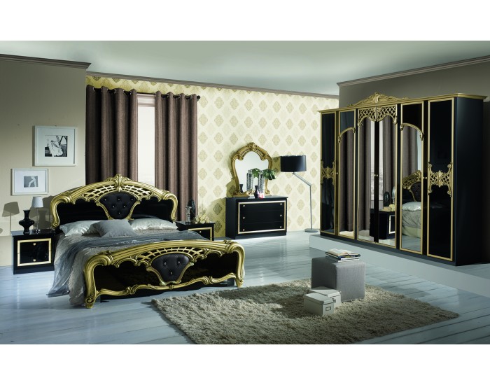 Спален комплект Eva nero-gold, легло, огледало, скрин, гардероб, нощни шкафчета