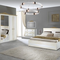 Спален комплект Olimp Bianco-Gold, легло, огледало, скрин, гардероб, нощни шкафчета - Спалня
