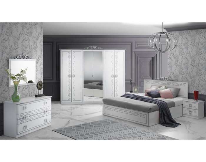 Спален комплект Olimp Bianco-Silver, легло, огледало, скрин, гардероб, нощни шкафчета