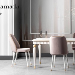 Трапезна маса Ramada + 6 стола, екрю и светло кафяво - Комплекти маси и столове