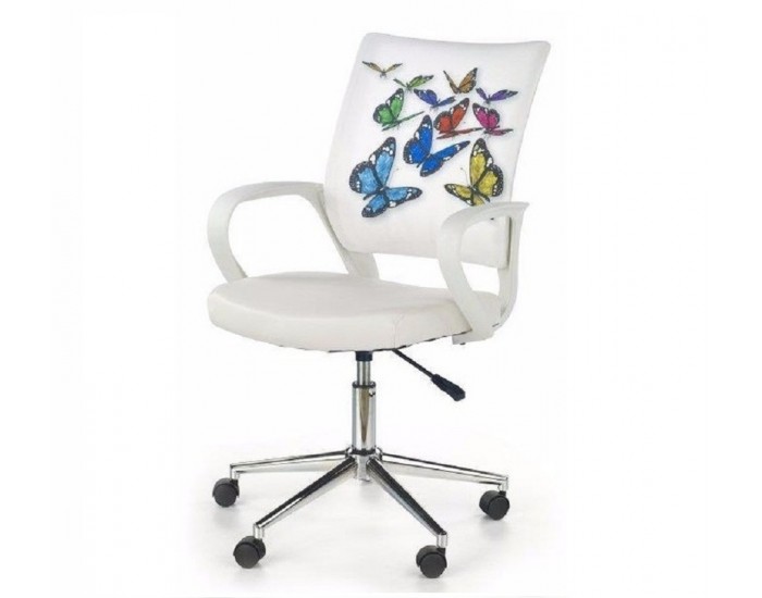 Детски стол Мебели Богдан модел BM Buterfly, Хромирана кръстачка, Подлакътници, Регулируема височина, бял с изображение пеперуди - Детски столове