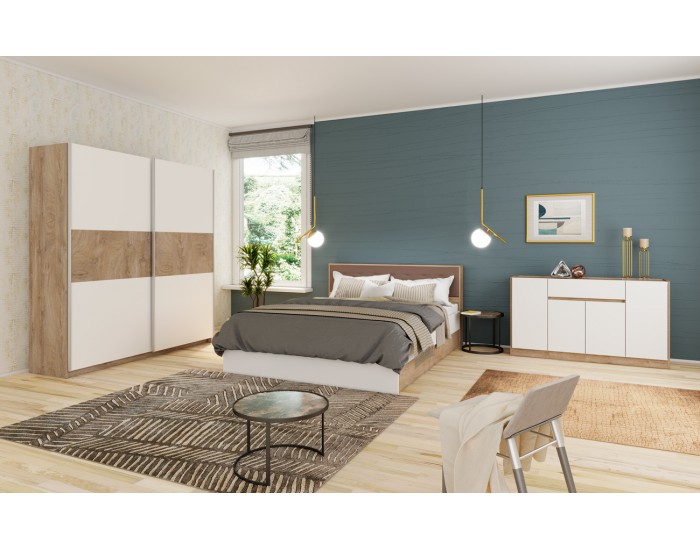 Спалня с тапецината табла Мебели Богдан модел Clasic lux 953, Дъб суров с Бяло гладко, за матрак 160/200