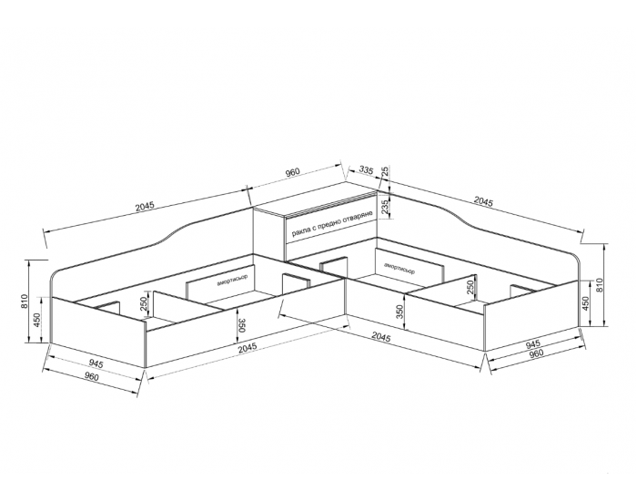 Ъглови легла Mod 5047 с ракла за матраци 90/200, Дъб крафт бял