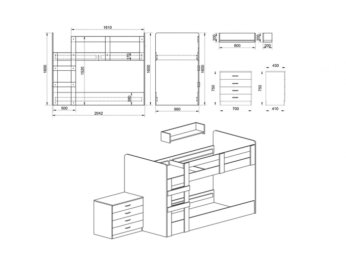Детски спален комплект модел 5015 с двуетажно легло за матраци 90/200 см