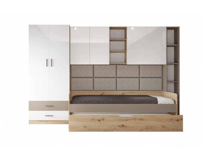 Детски спален комплект модел 5048 за матраци 90/200, Бял гланц/Дъб артисан/Лате