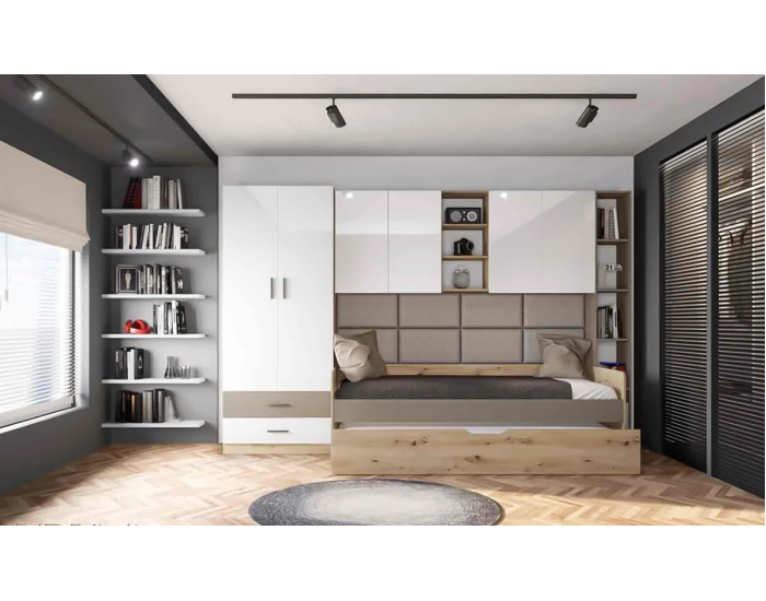 Детски спален комплект модел 5048 за матраци 90/200, Бял гланц/Дъб артисан/Лате