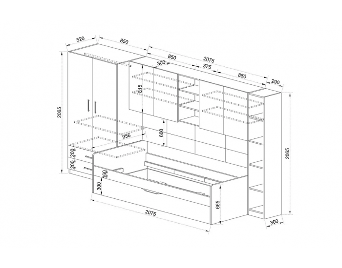 Детски спален комплект модел 5048 за матраци 90/200, Бял гланц/Дъб артисан/Лате